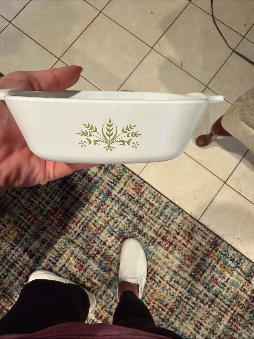 Vintage Corningware White Casserole Dish in avocado wheat floral design